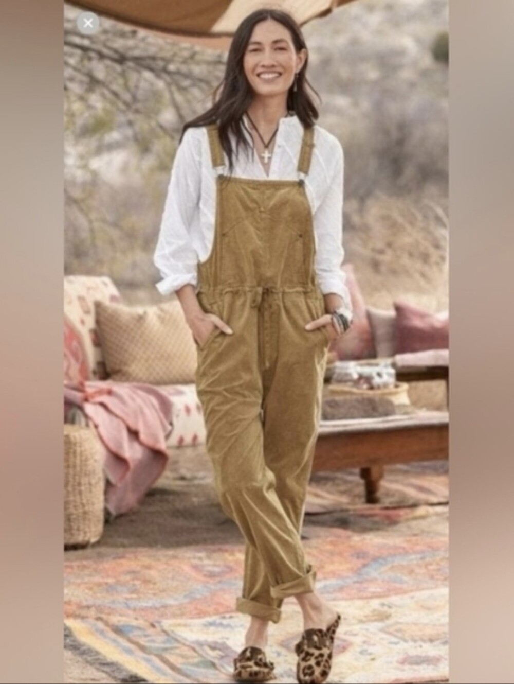 Sundance Tan Artist Paradise Corduroy Overalls sz LP
